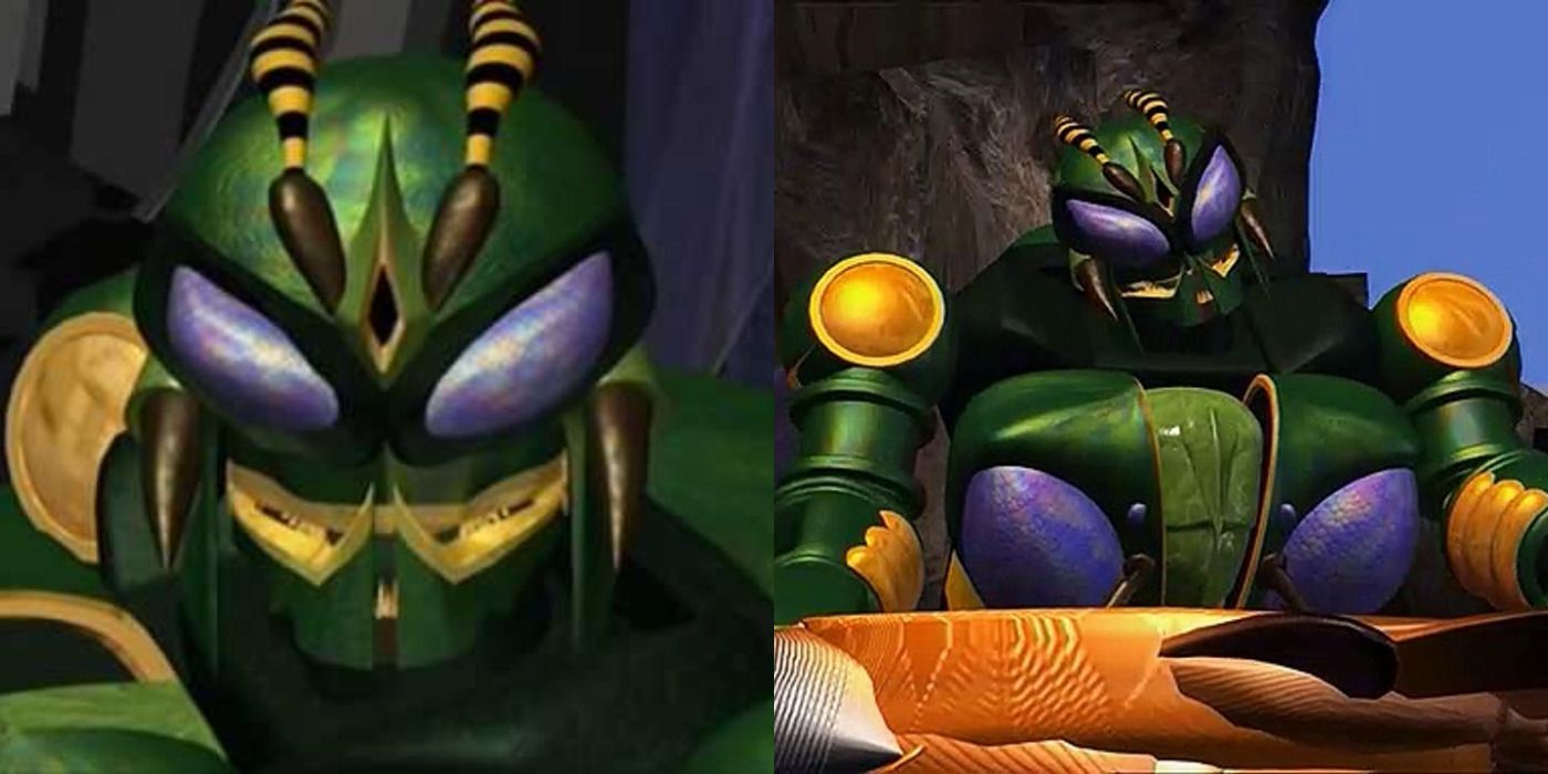 A split image of Waspinator sitting by a table in Beast Wars