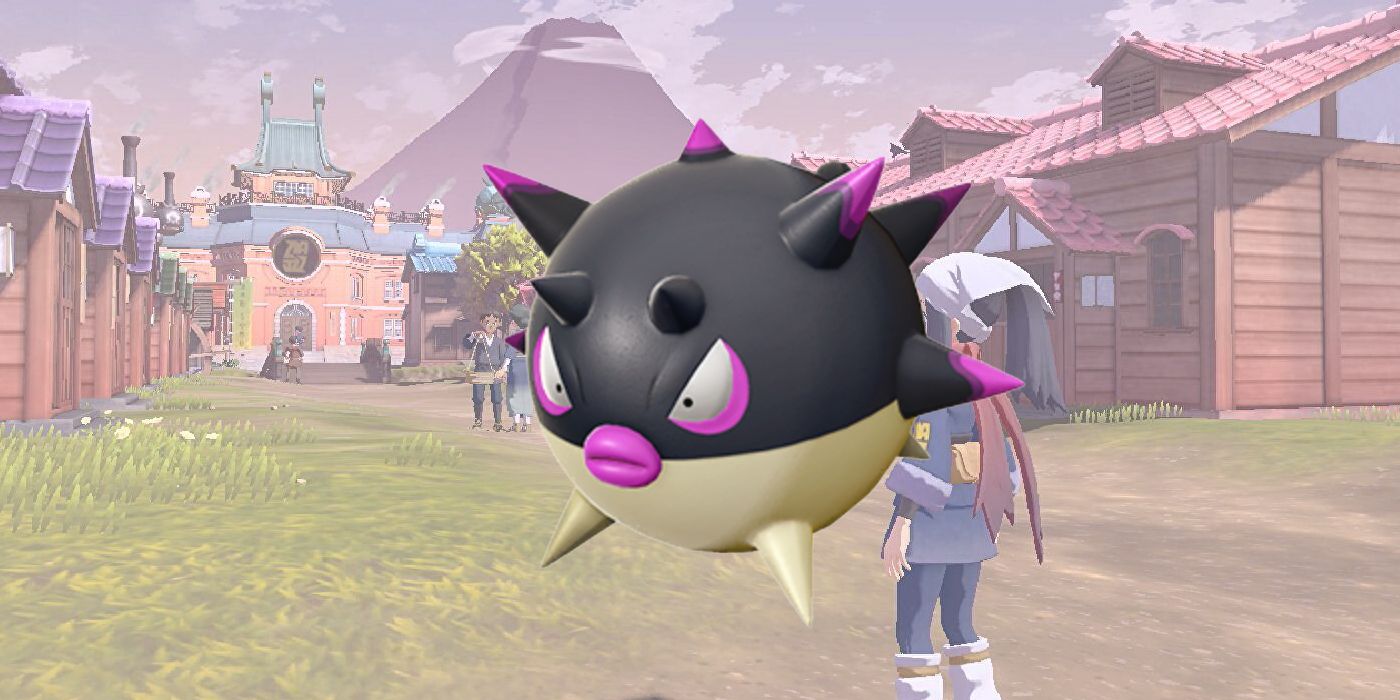 Pokémon Legends: Arceus' Hisiuian Qwilfish superposé sur une image de Jubilife Village
