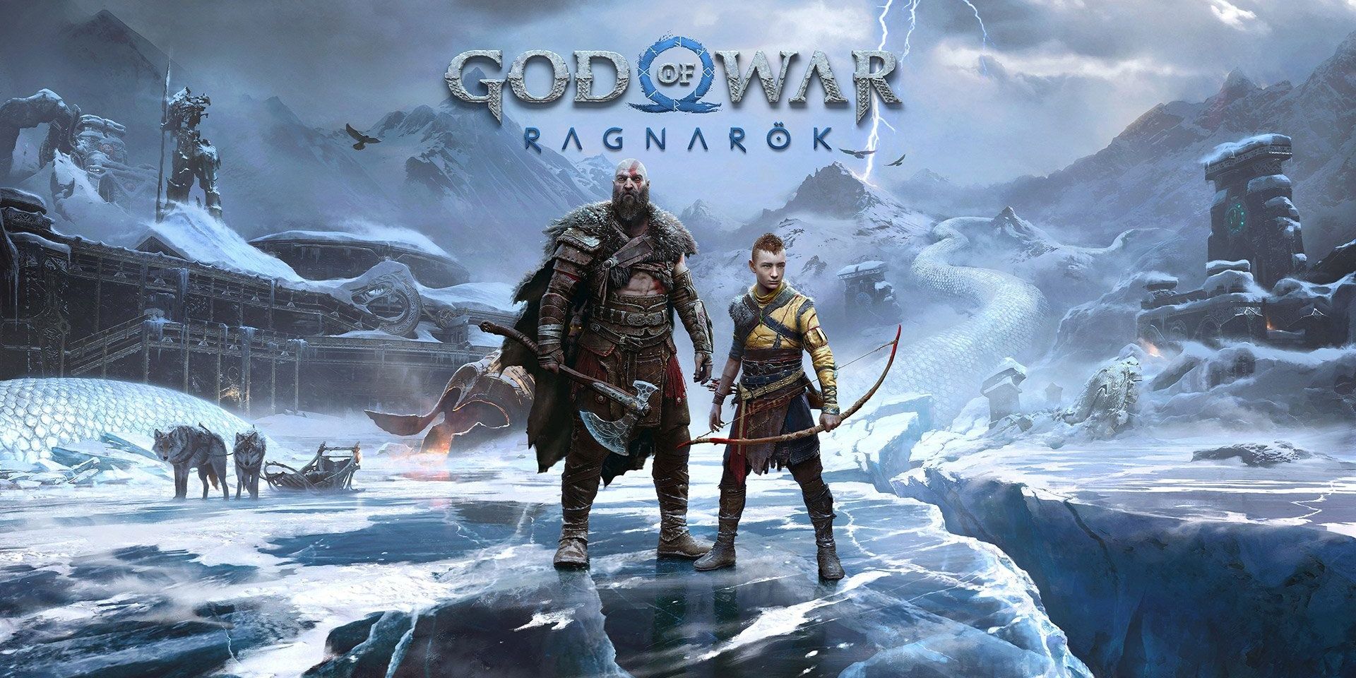 Poster for God of War Ragnarok featuring Kratos and Atreus standing in an icy environment 