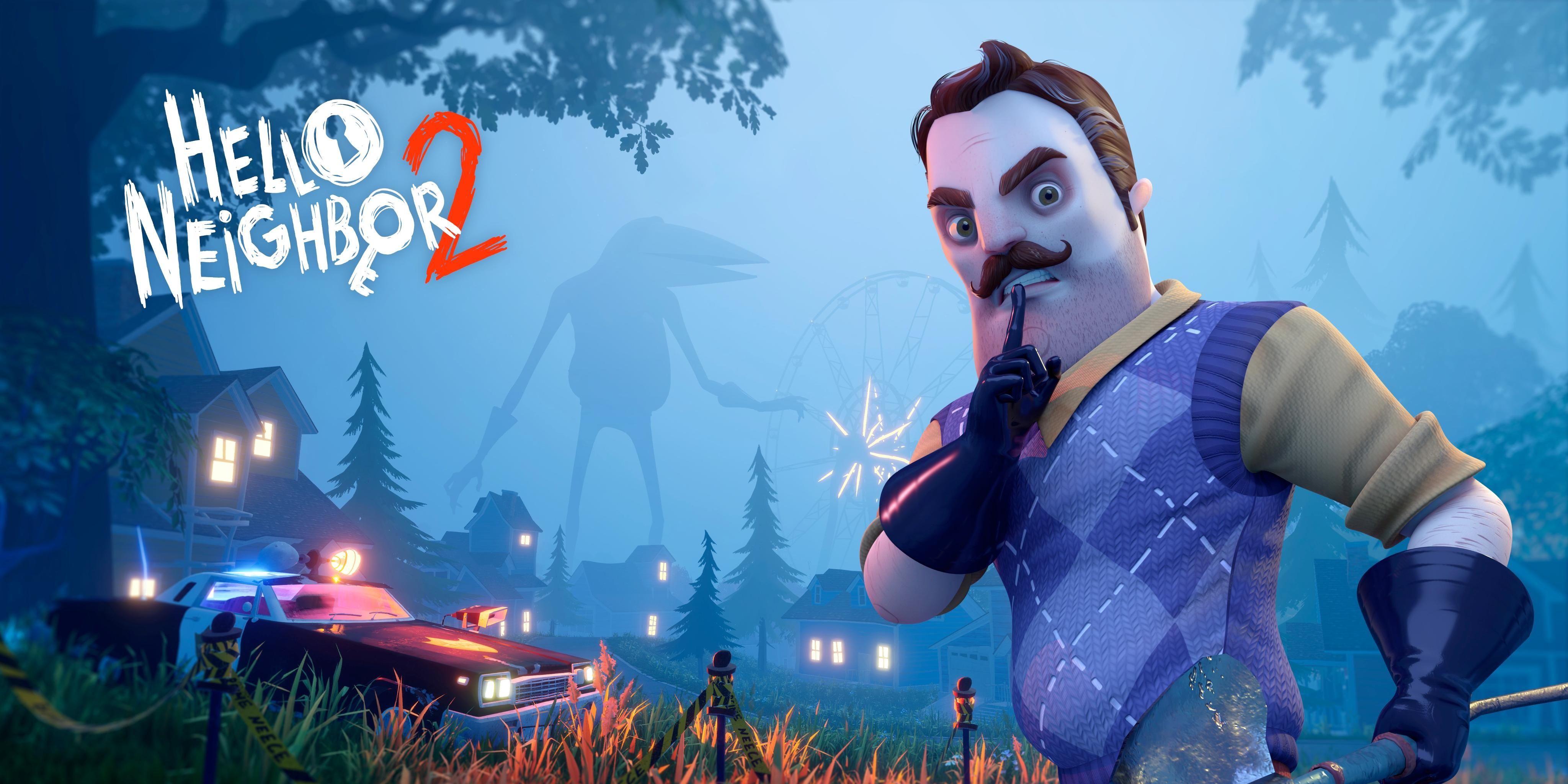 Poster for Hello Neighbor 2 featuring Mr. Peterson the Neighbor making a shush expression