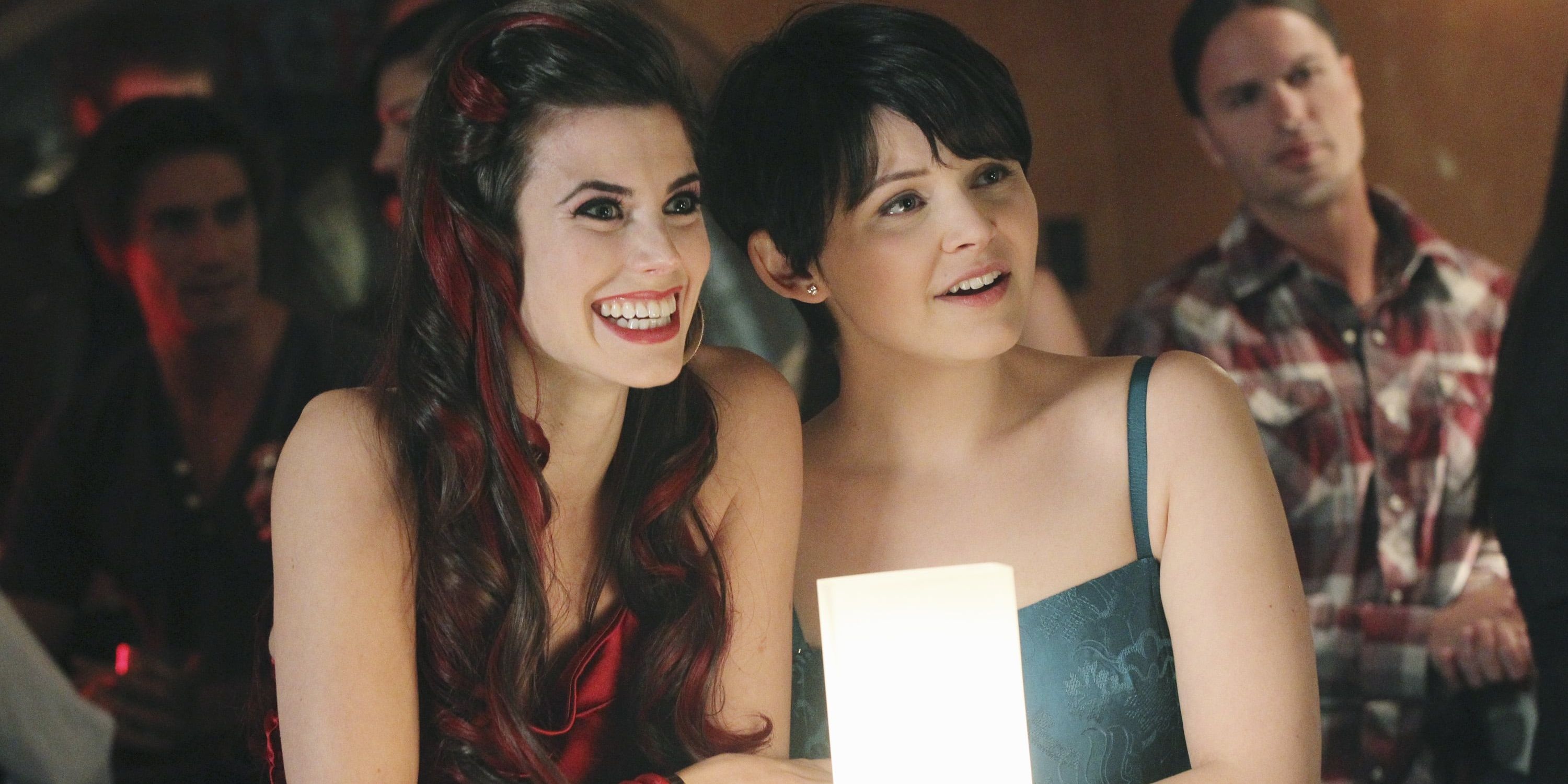 Ruby and Snow smiling sitting together in a restaurant in Once Upon A Time