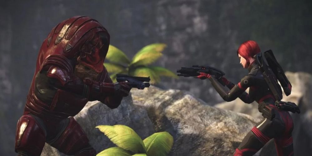 Ashley and Wrex point guns at each other in Mass Effect Legendary Edition