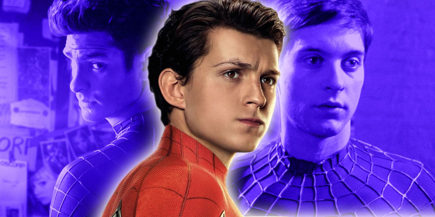 Montage of the three Spider-Men, Holland in front, Garfield and Maguire behind, tinted purple.