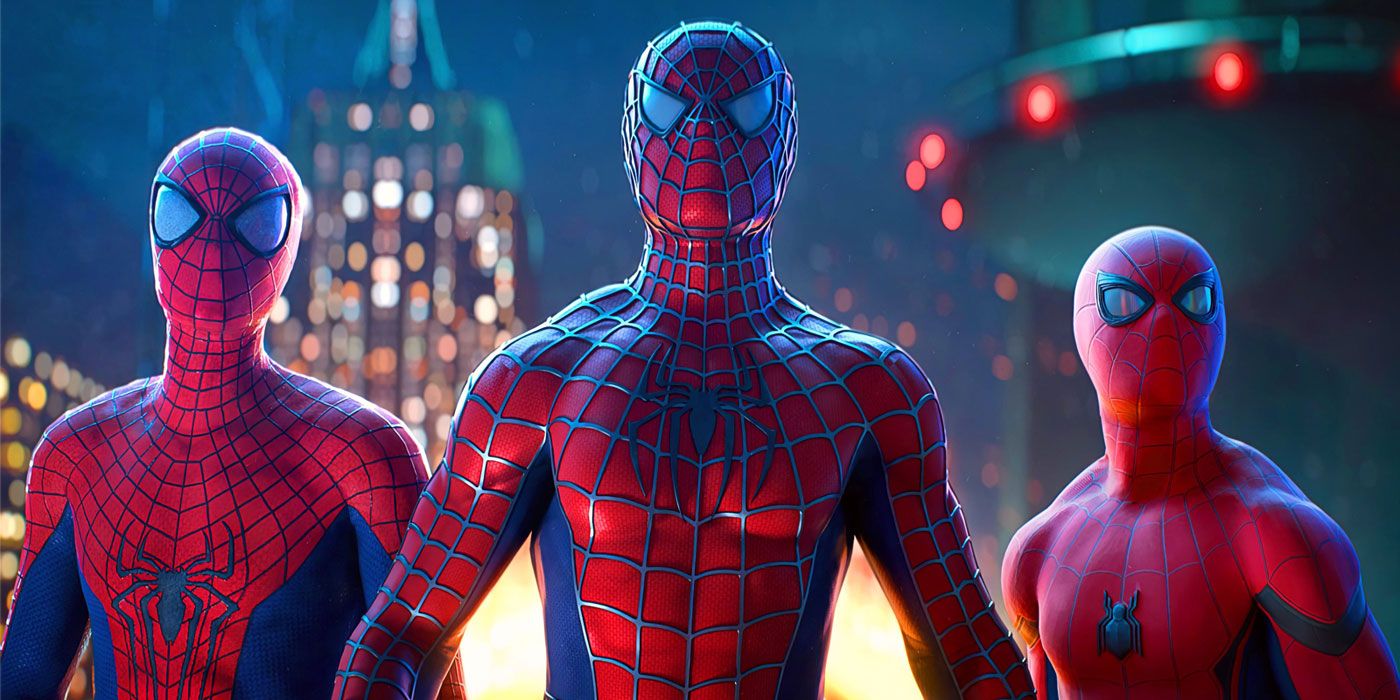 The three Spider-Men, Holland, Garfield, and Maguire, in their suits.