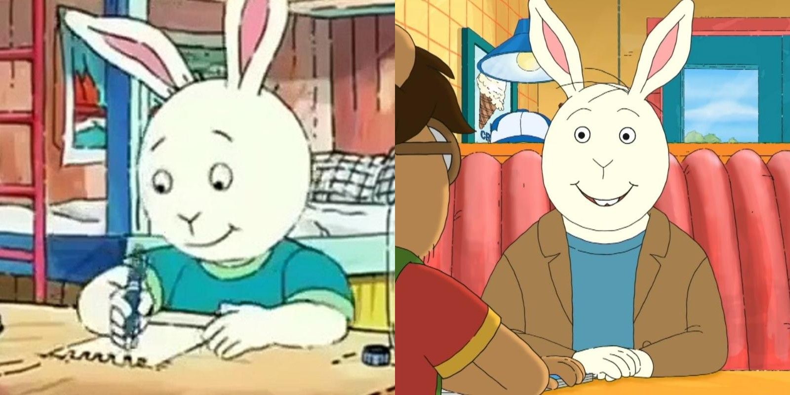 Split image of child Buster working and adult Buster in Arthur's finale.