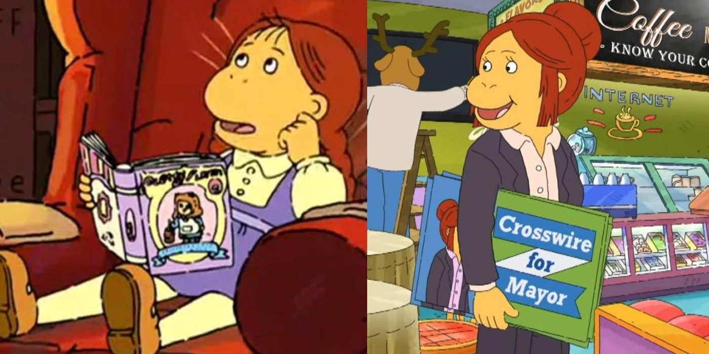 Split image of Muffy as a child vs. Muffy's adult self in Arthur's finale.