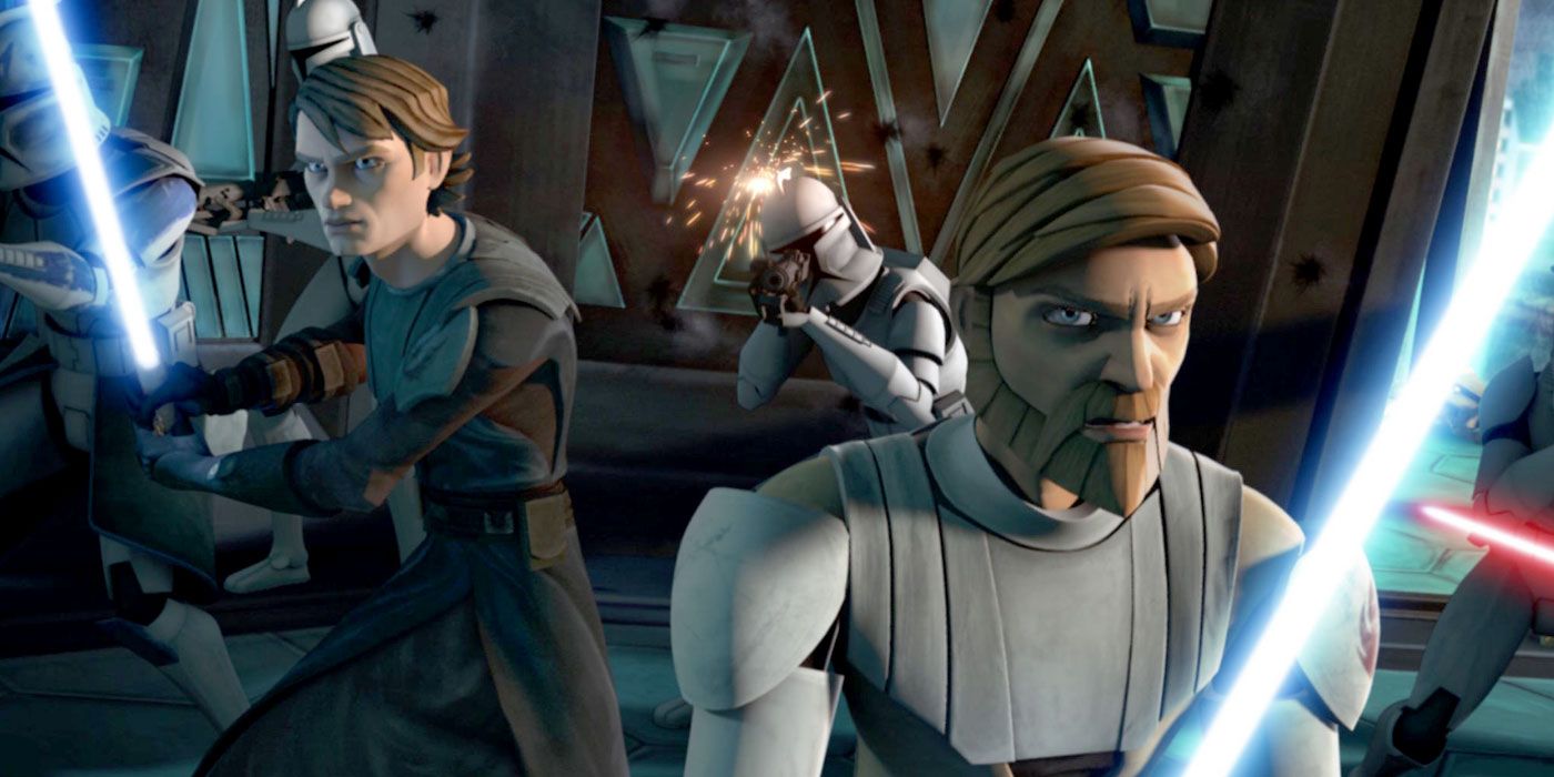 Anakin Skywalker and Obi-Wan Kenobi in Clone Wars, with lighsabers drawn.