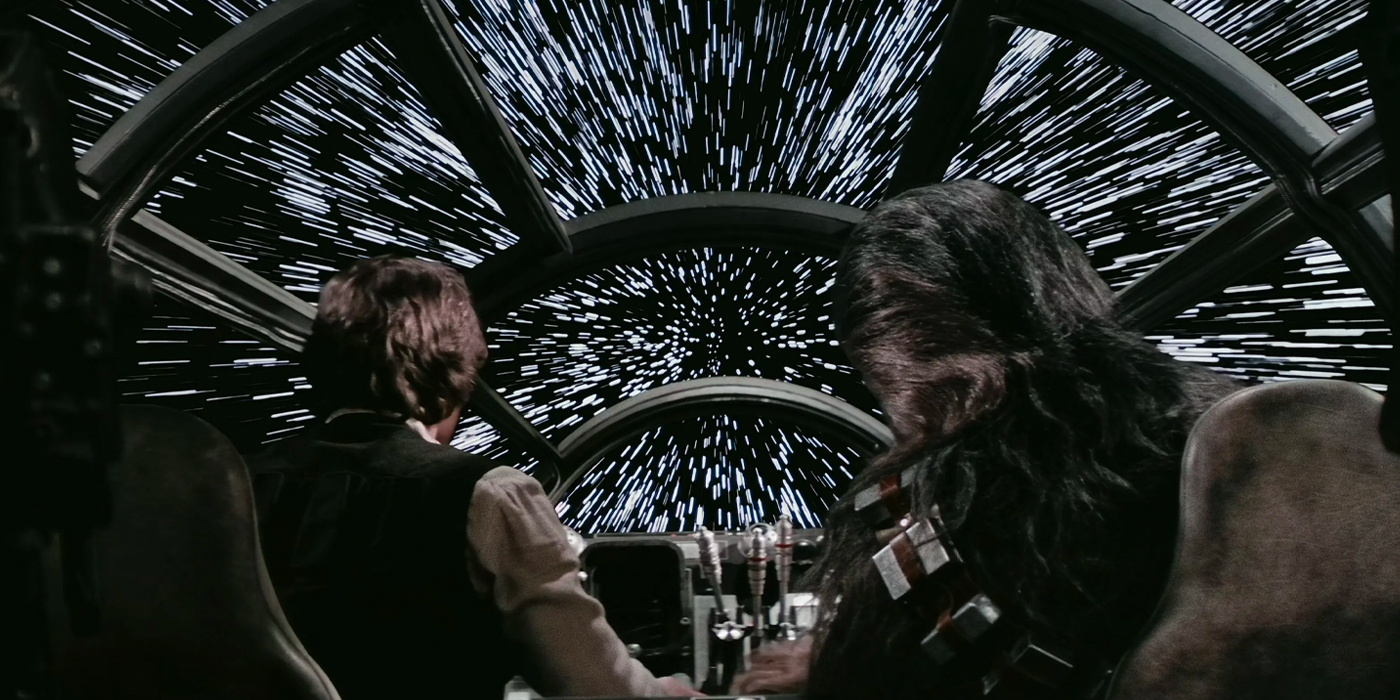 Han and Chewie jump to hyper space in Star Wars.