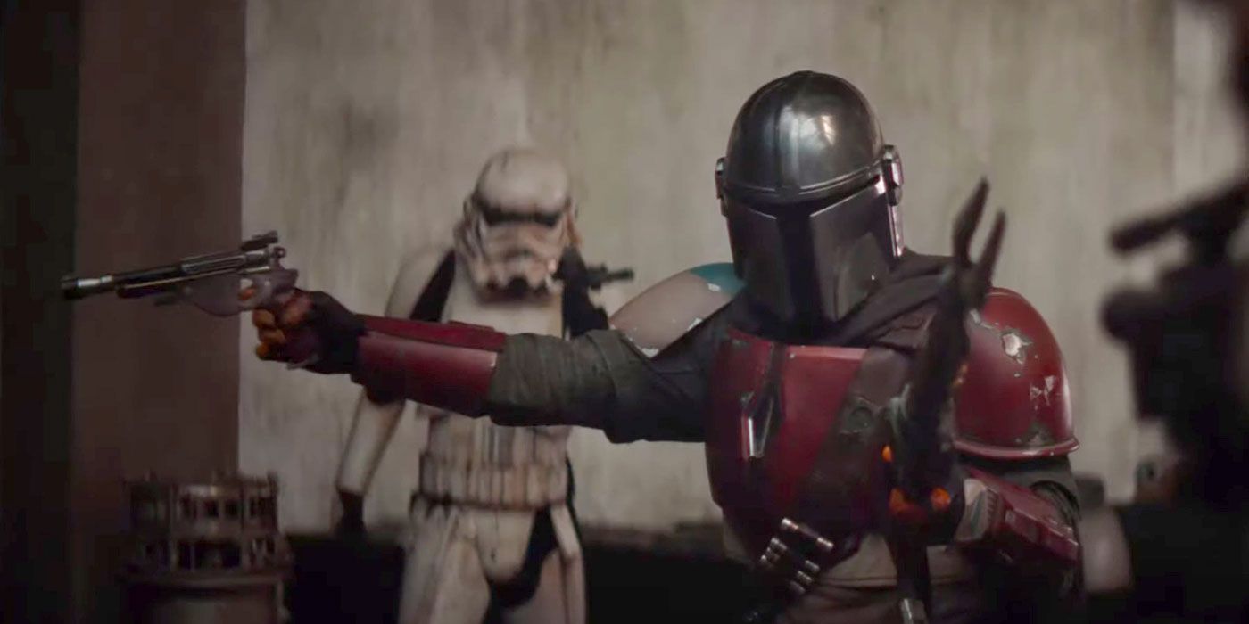 Din Djarin from the Mandalorian, in a standoff against stormtroopers.