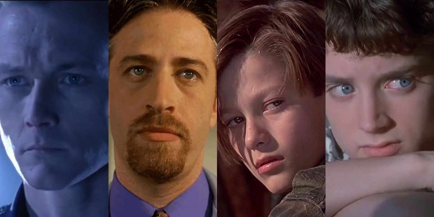 Split image of Edward Furlong, the T-000, Elijah Wood, and Jon Stewart in The Faculty and T:2.