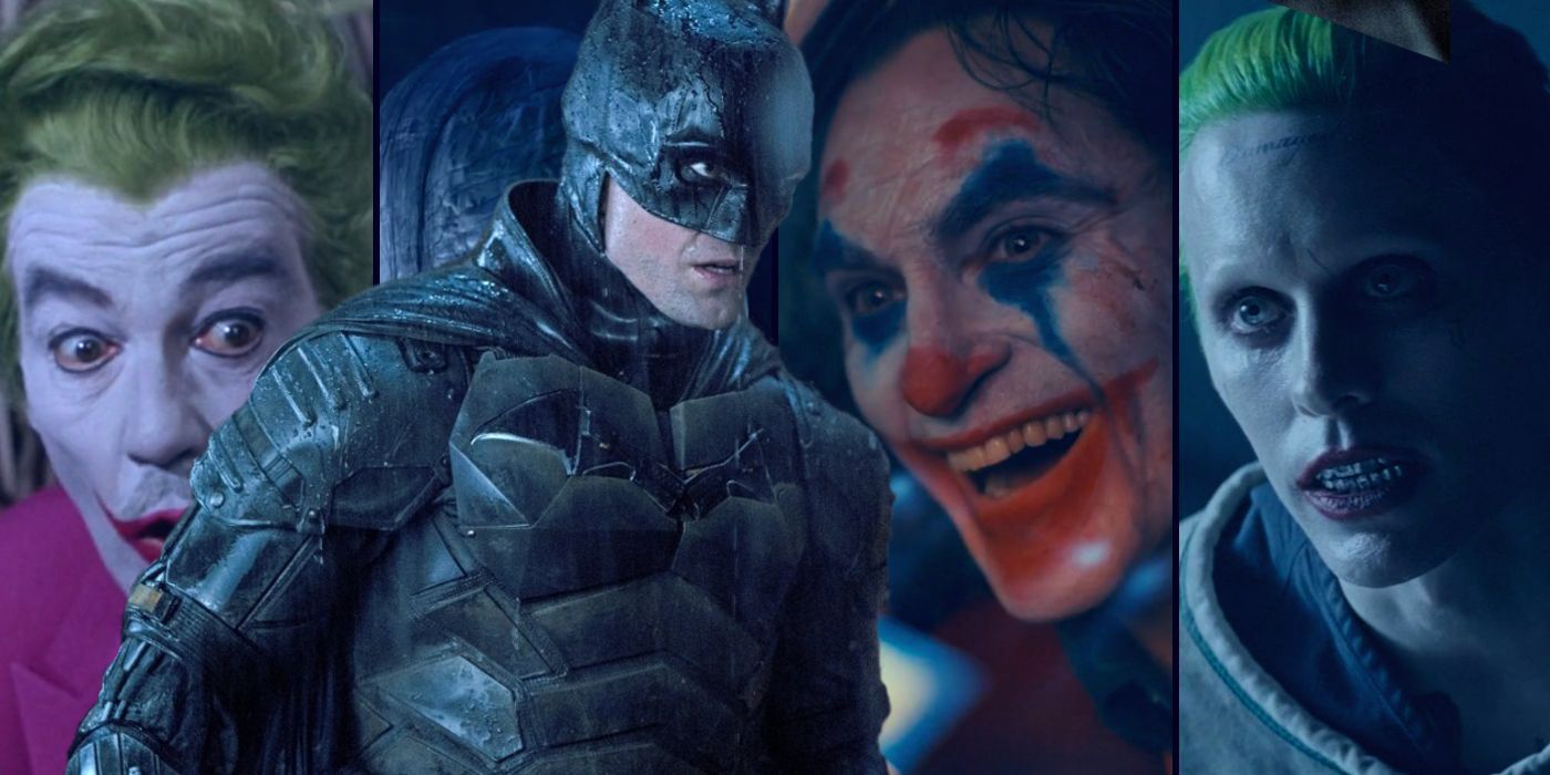 Robert Pattinson as Batman over split image of movie Jokers