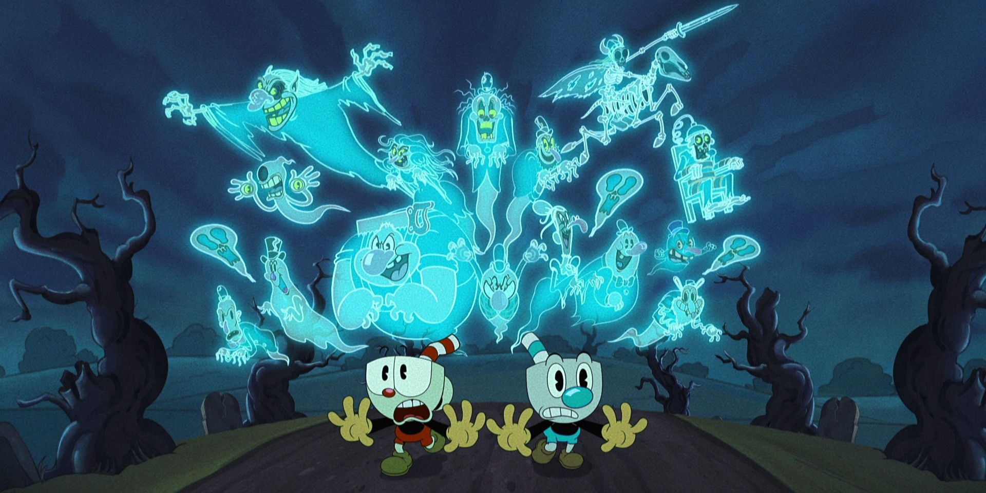 Cuphead and Mugman running from ghosts in the Cuphead Show