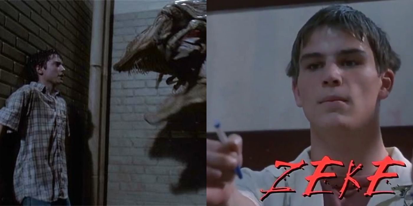 Split image of Zeke and Casey and the alien queen in The Faculty.