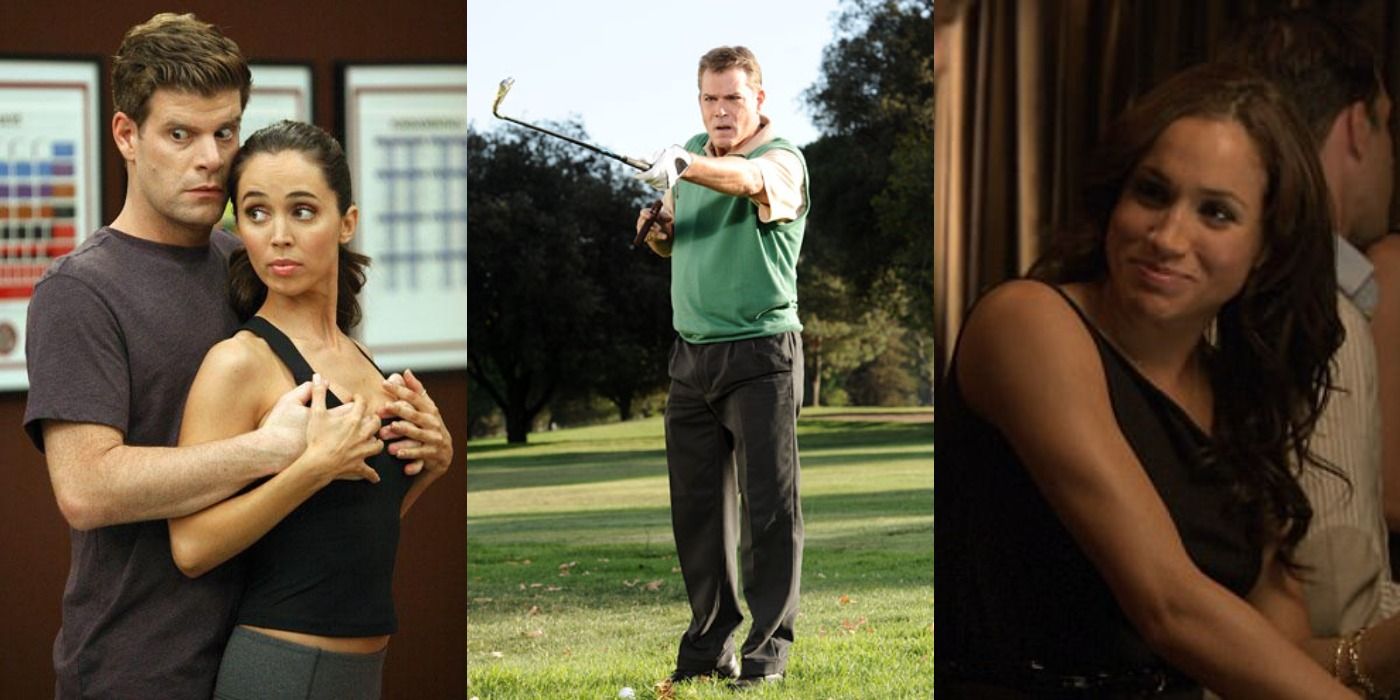 Collage of Ray Liotta, Meghan Markle, and Eliza Dushku on The League.