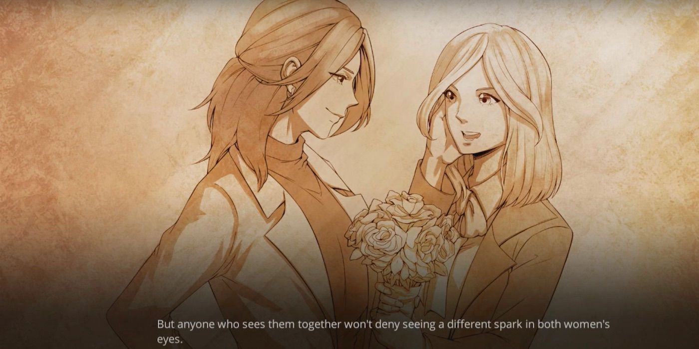 A screenshot of Marianne and Hannah's romance epilogue in the visual novel horror game The Letter