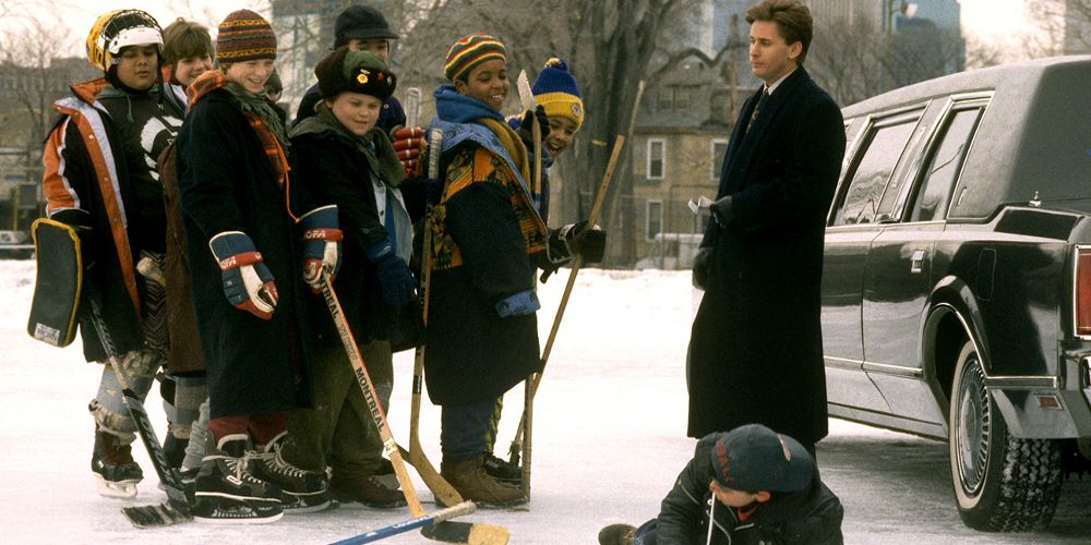 The team gathers outdoors in the snow in The Mighty Ducks