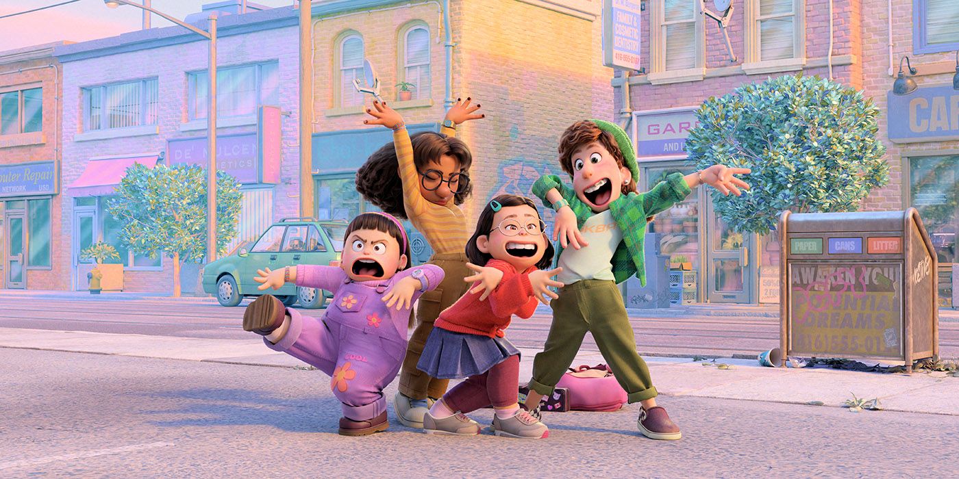 Mei and her fiends posing on the street in Turning Red
