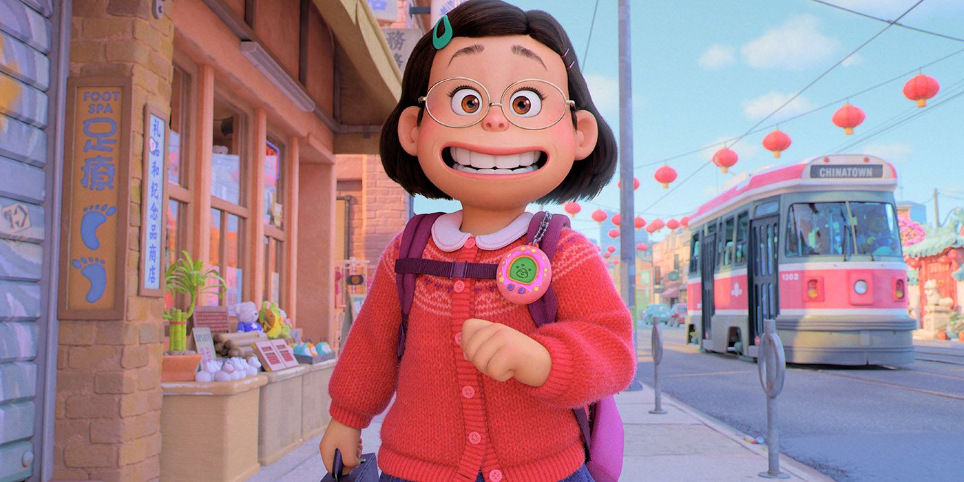 Mei walking down the street smiling in Turning Red