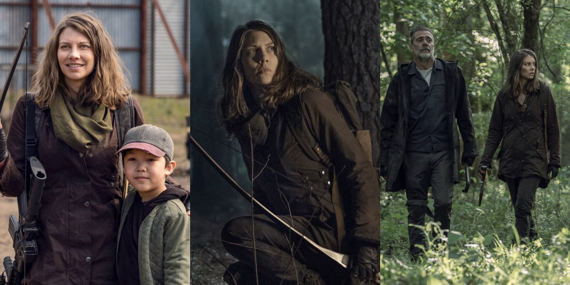 Three side by side images of Maggie with Hershel, Maggie alone, and Maggie with Negan in The Walking Dead