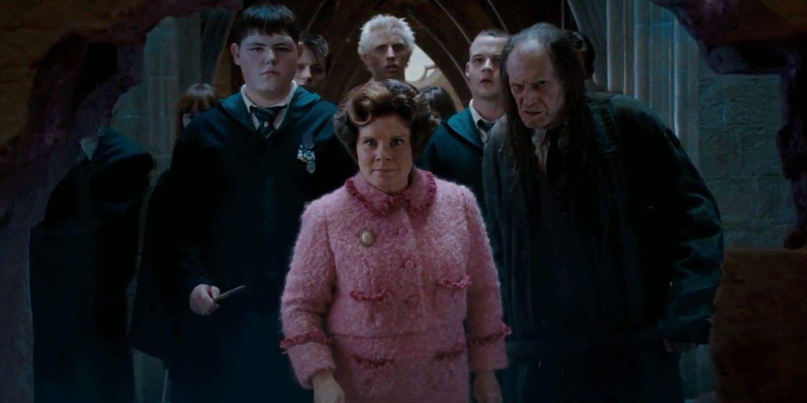 Dolores Umbridge, Filch and slitherin students outside the room of requirement