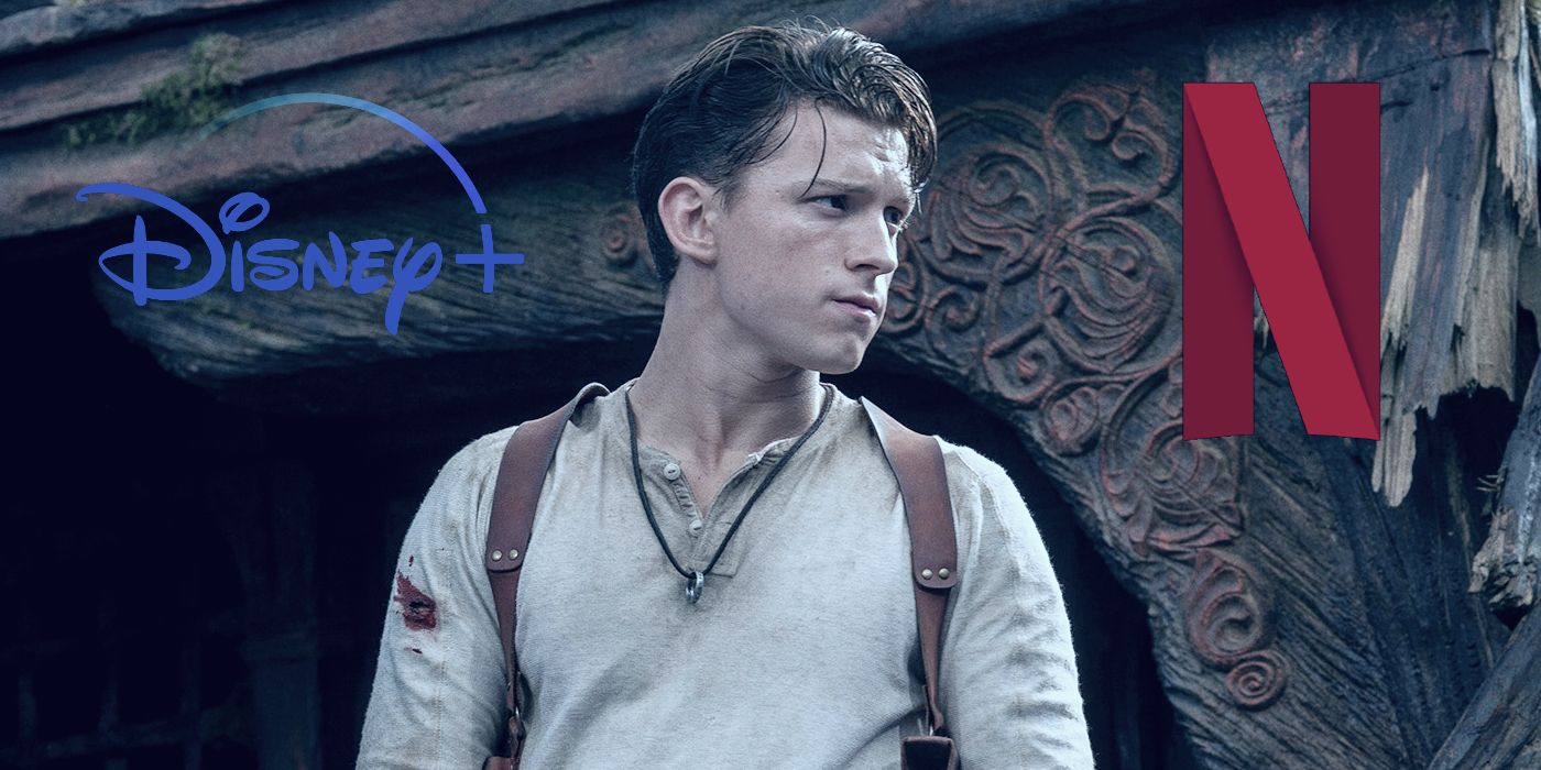 Tom Holland in Uncharted with Netflix and Disney+ logos