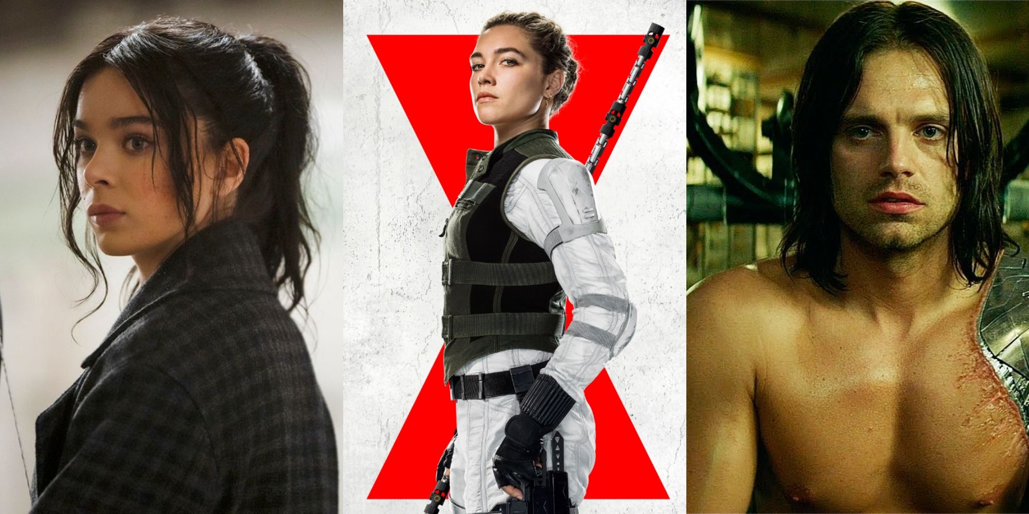 Side by side image of Kate Bishop in Hawkeye, Yelena Belova in a poster for Black Widow, and Bucky Barnes