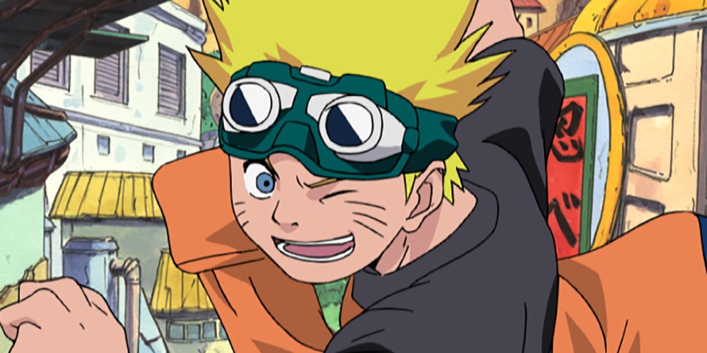 Young Naruto, still wearing Academy goggles, winks and grins at the camera.
