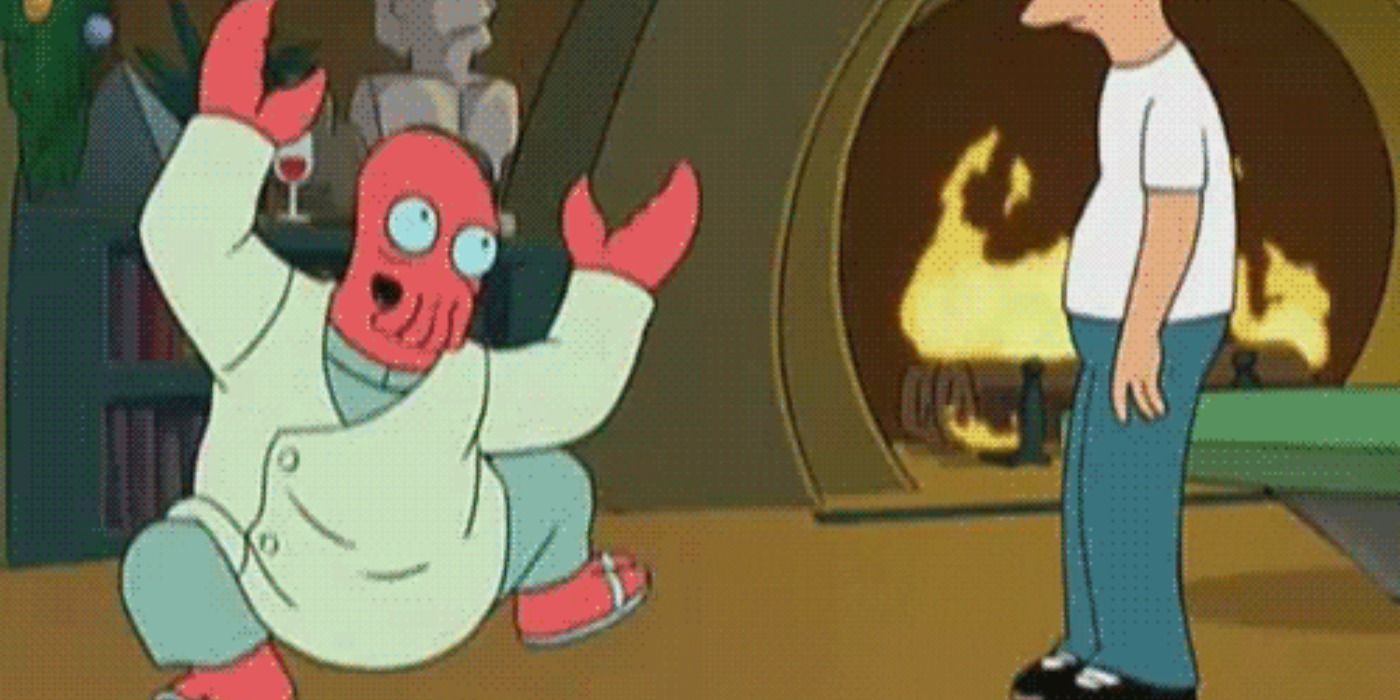 Zoidberg scuttles in front of Fry in Futurama.