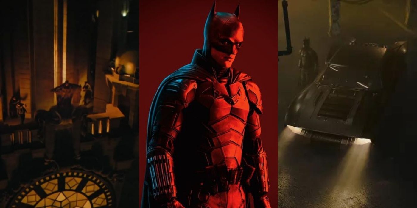 Split image of the Batsuit, Batman, and the Batmobile in The Batman