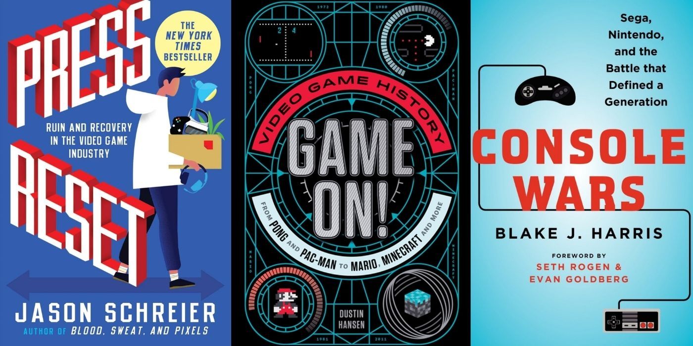 A split image of Press Reset, Game On, and Console Wars books