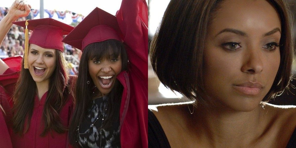 Split image of Elena with Bonnie and Bonnie alone in The Vampire Diaries