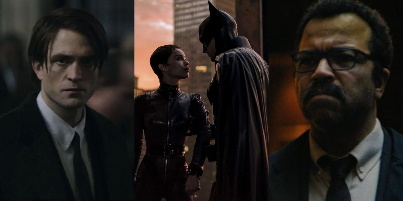 Bruce Wayne, Catwoman, Batman, and Gordon in The Batman