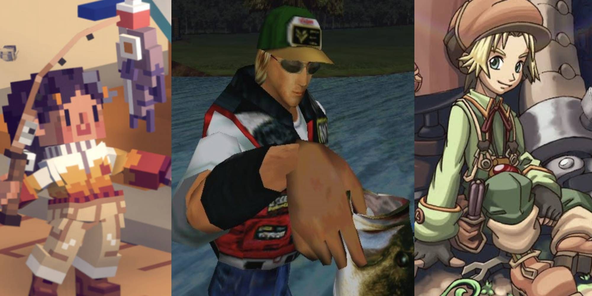 Three screenshots of various fishing video games