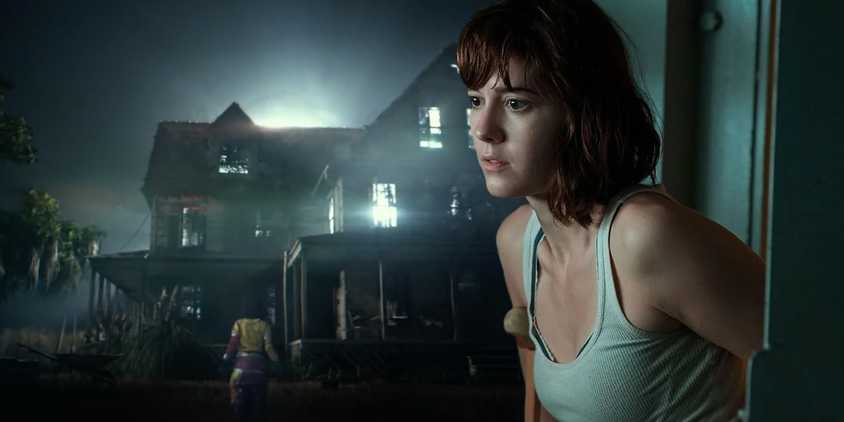 Collage of the house from 10 Cloverfield Lane with a closeup of Mary Elizabeth Winstead in the film