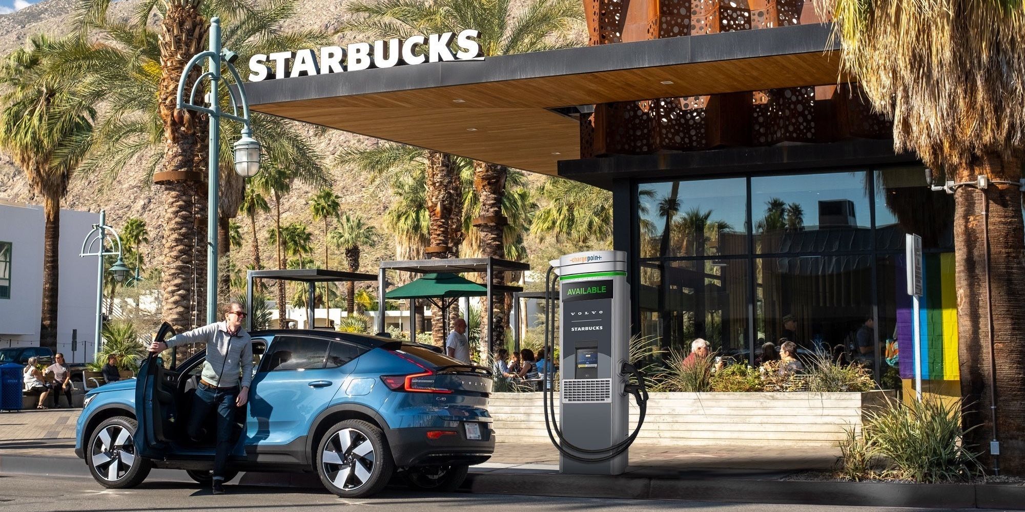 Volvo-sponsored EV charging station at Starbucks.