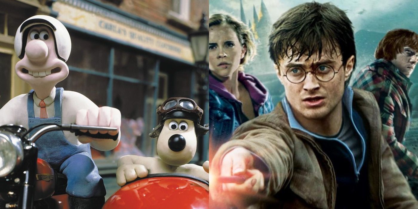 Wallace and Gromit ride through the streets in their motorbike and sidecar, and Harry Potter defends Hogwarts with his friends Ron and Hermione.
