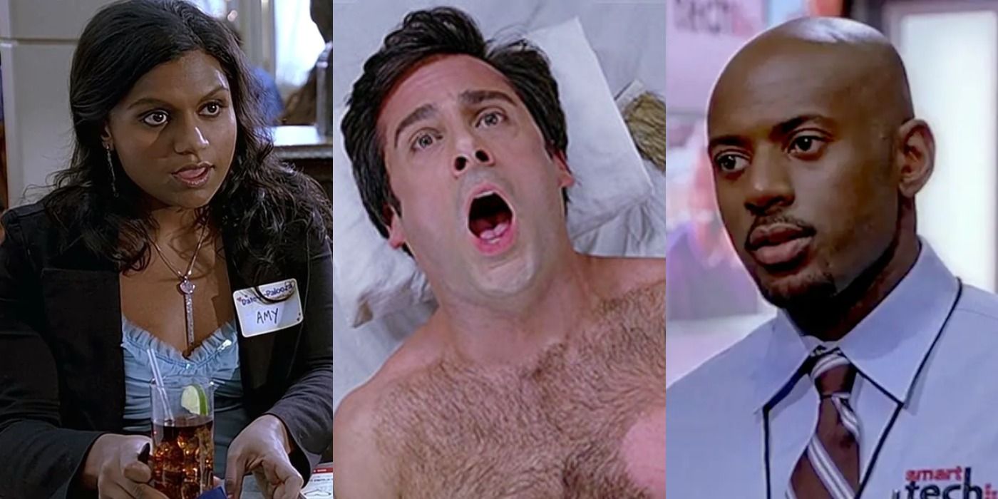 Collage of Steve Carrell, Mindy Kaling, Romany Malco in The 40 Year Old Virgin.