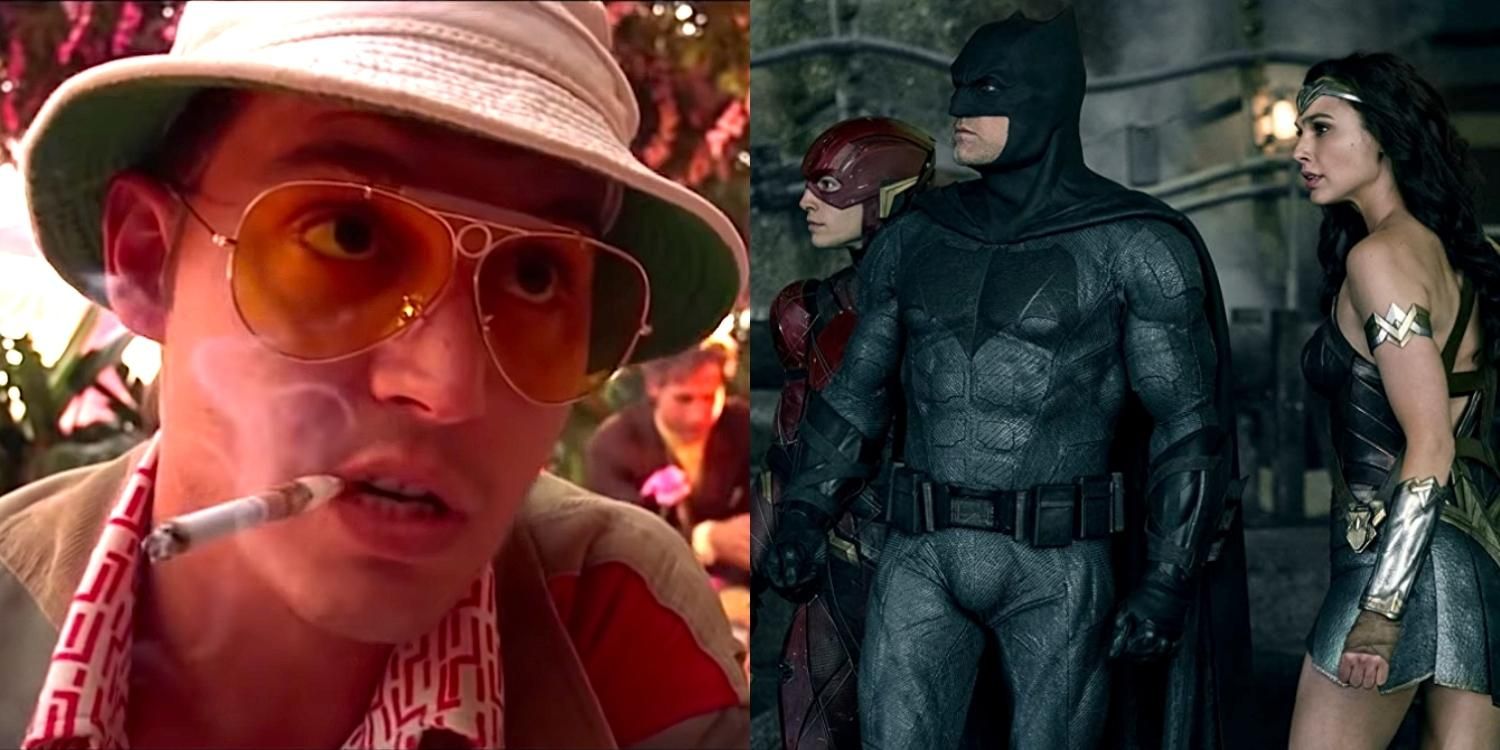 A closeup of Dr Gonzo smoking in Fear and Loathing in las Vegas and Flash, Batman, and Wonder Woman together in Justice League
