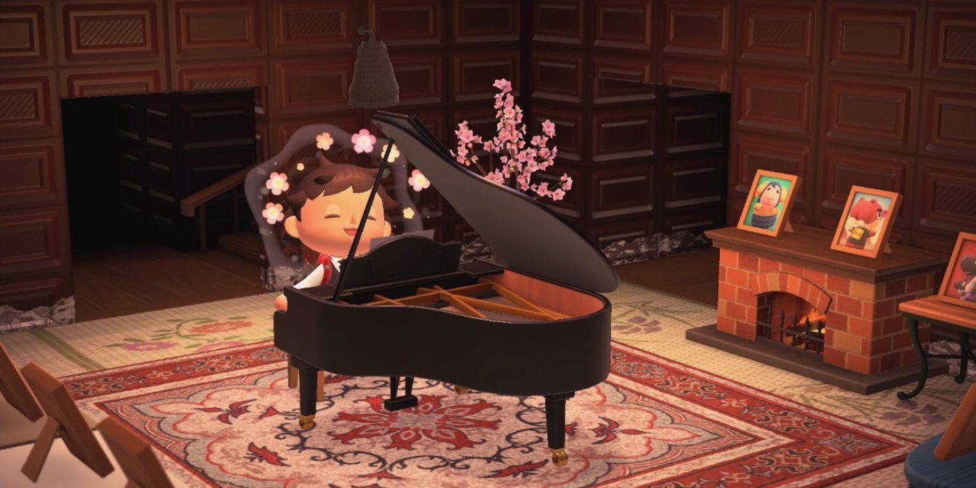 A player at a Grand Piano in Animal Crossing New Horizons