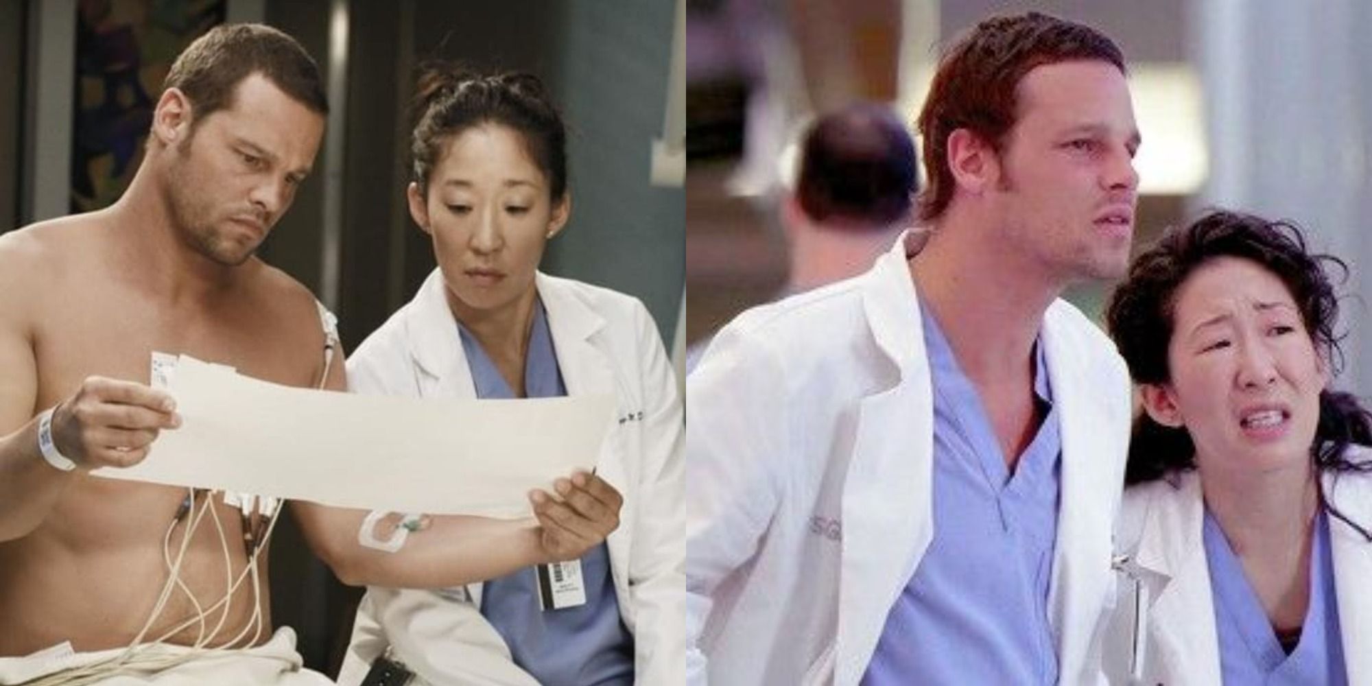A split image of Alex and Cristina looking at a piece of paper in Grey's Anatomy and looking at something off-screen