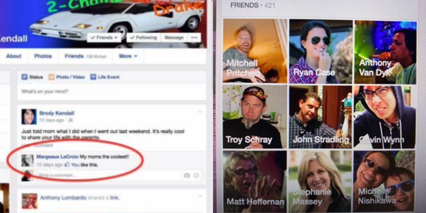 A split image of Claire Dunphys Facebook on Modern Family