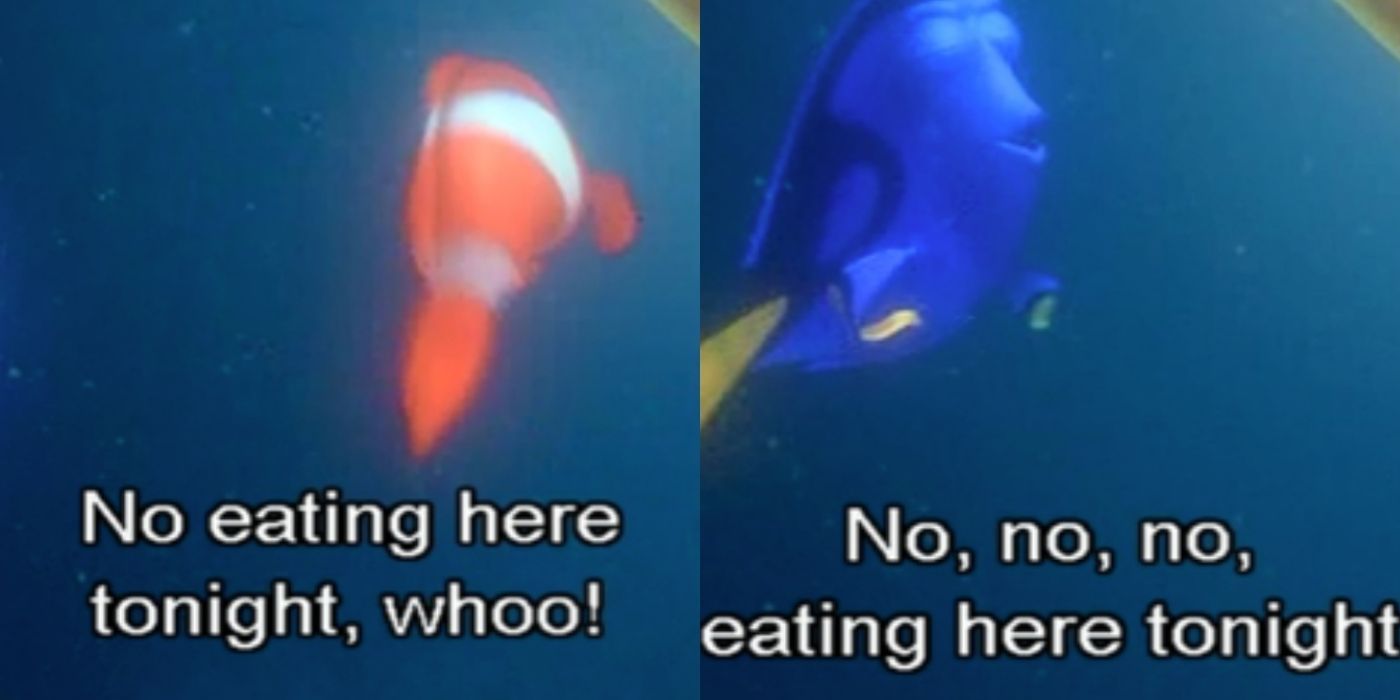 A split image of Dory and Marlin singing on Finding Nemo