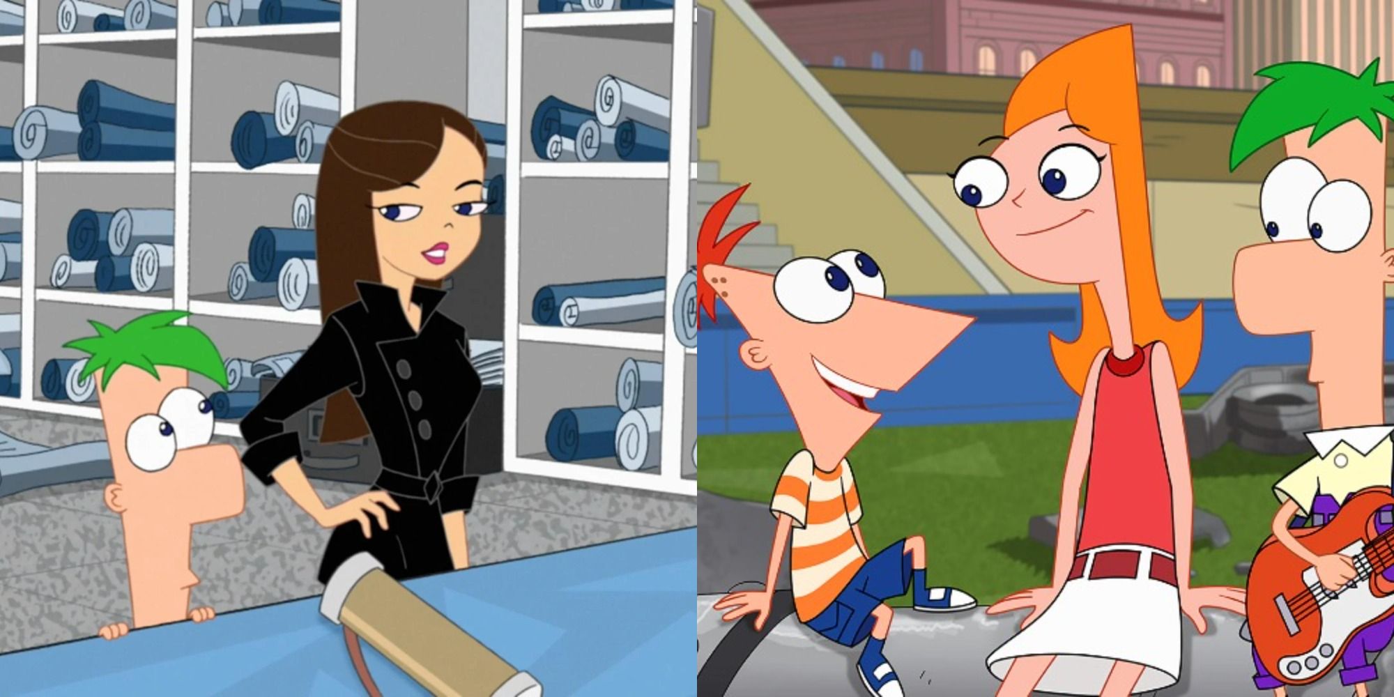 A split image of Ferb talking to Vanessa and him talking to Candace and Phineas