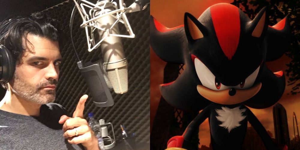 A split image of Jason Griffith recording in the studio and the image of Shadow looking serious