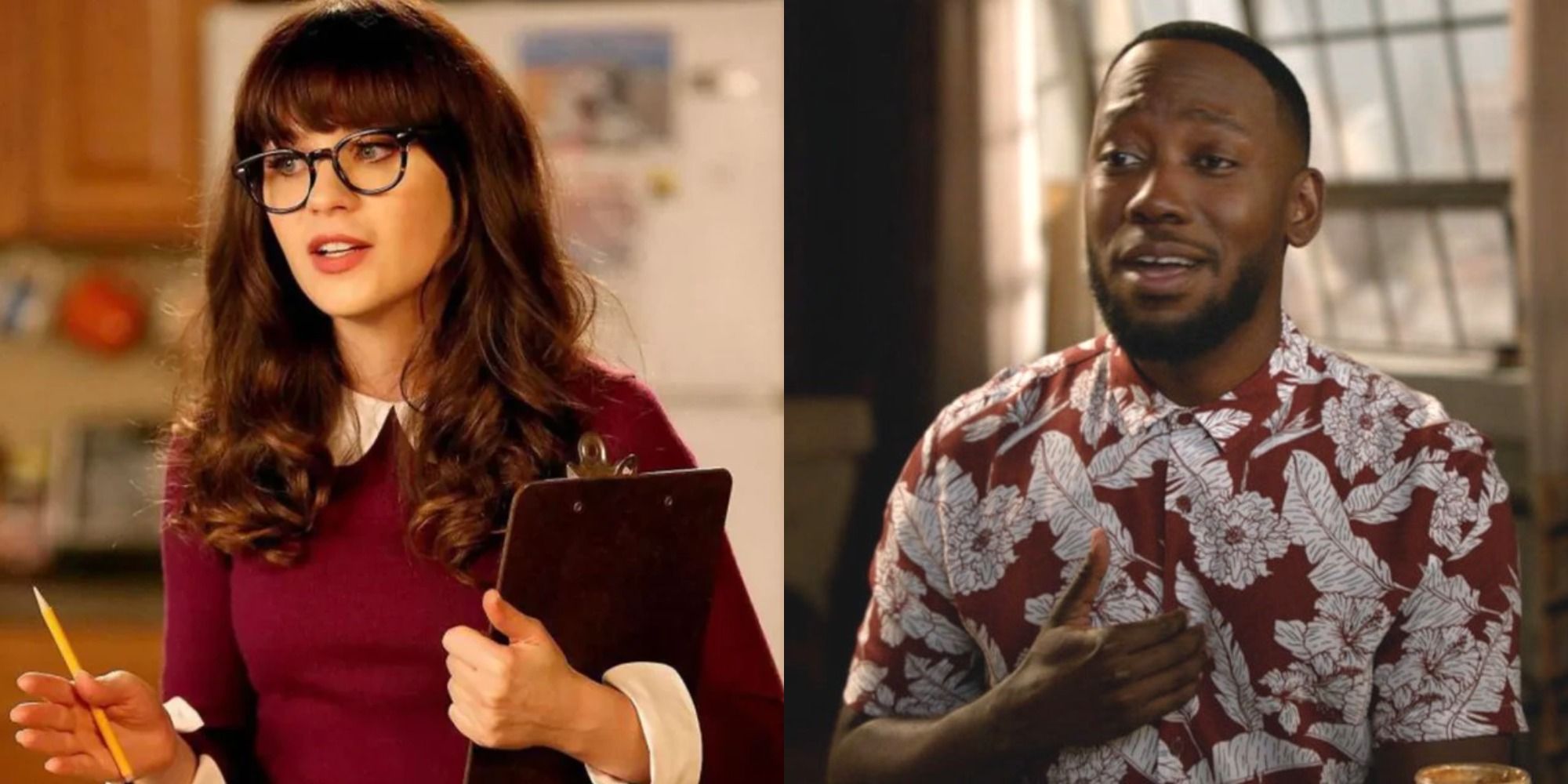 A split image of Jess holding clipboard and Winston wearing a feather print shirt in New Girl