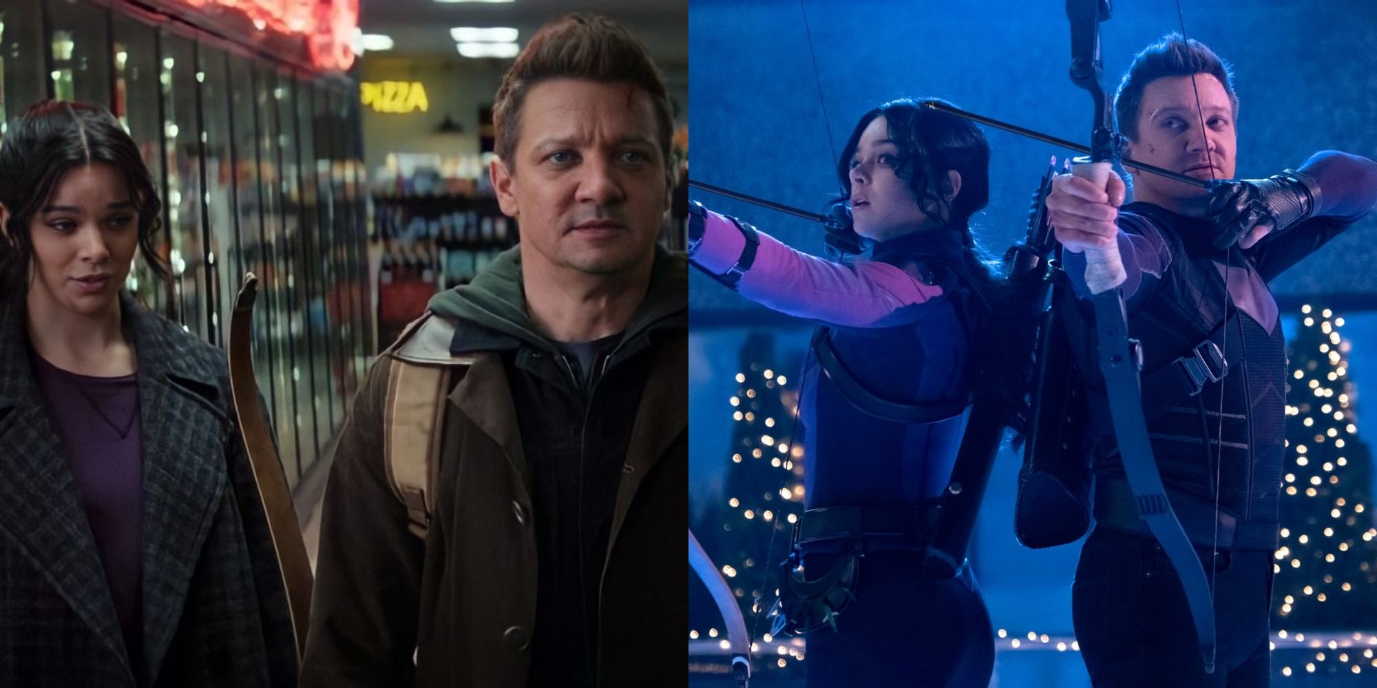 A split image of Kate and Clint shopping and firing arrows in Hawkeye