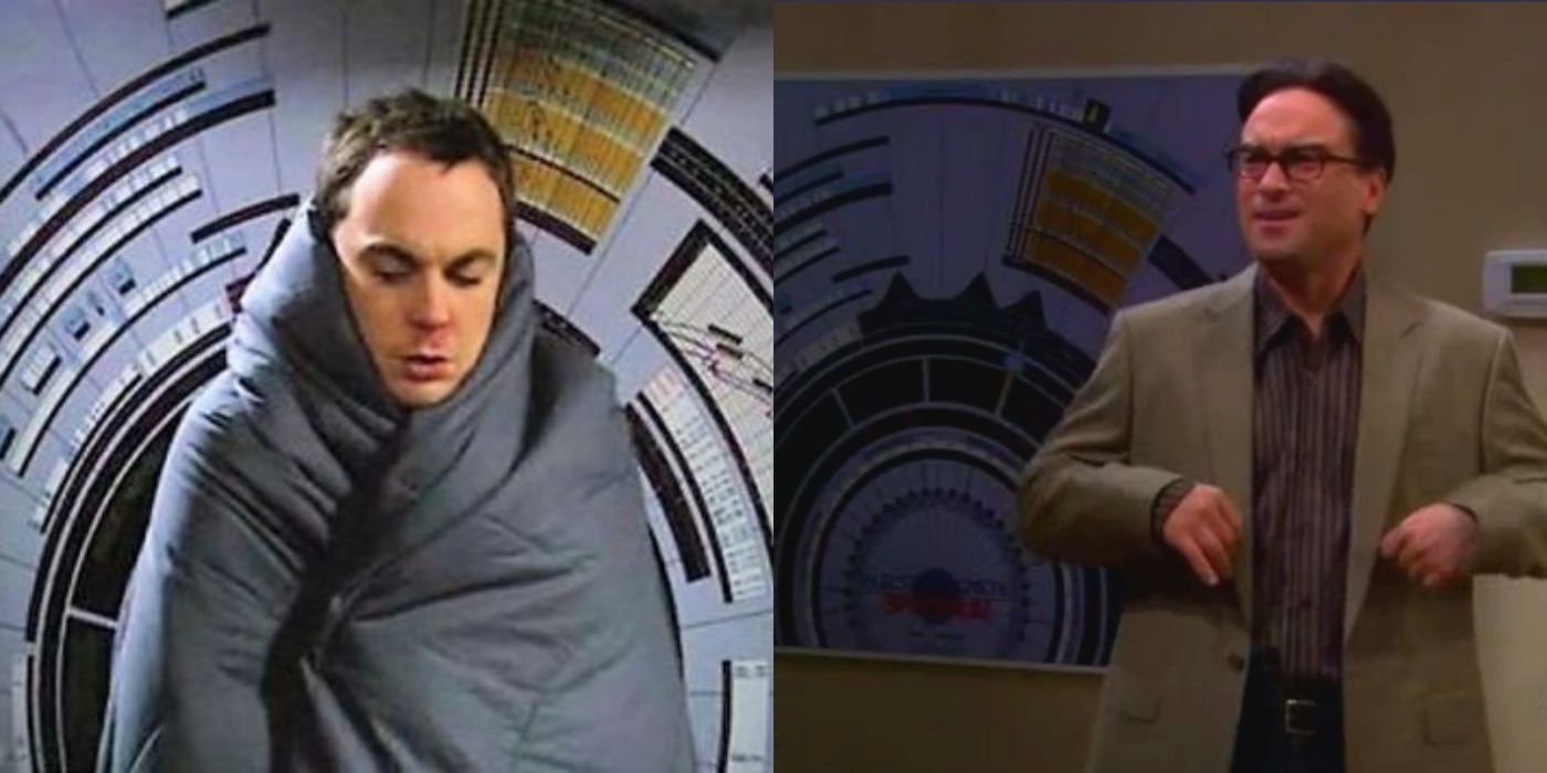 A split image of Leonard and Sheldon in front of a Electromagnetic Spectrum chart on TBBT