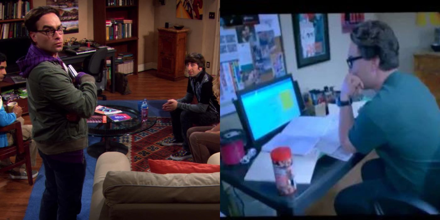 A split image of Leonard working at his desk in the apartment TBBT