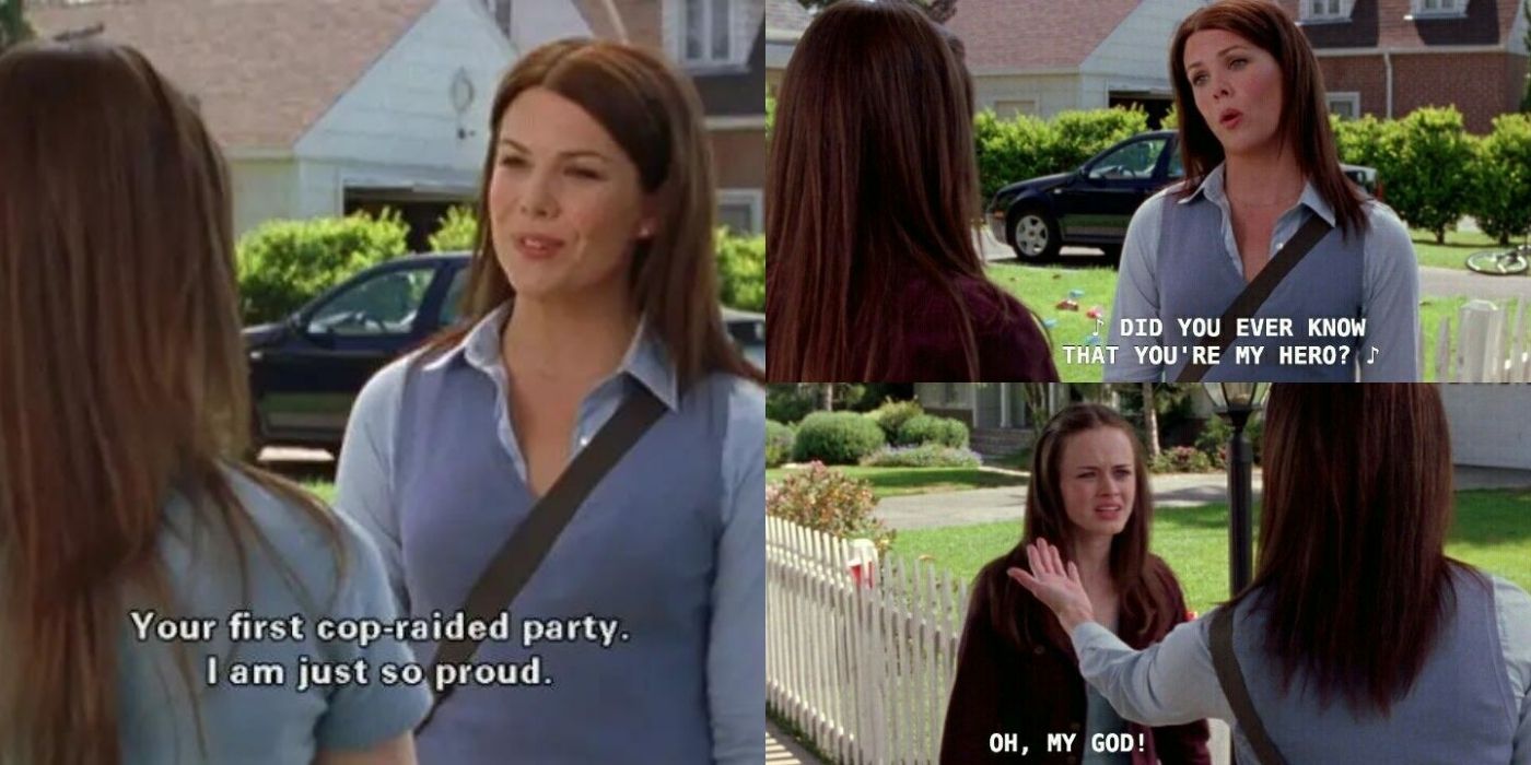 A split image of Lorelai and Rory talking about the house party on Gilmore Girls