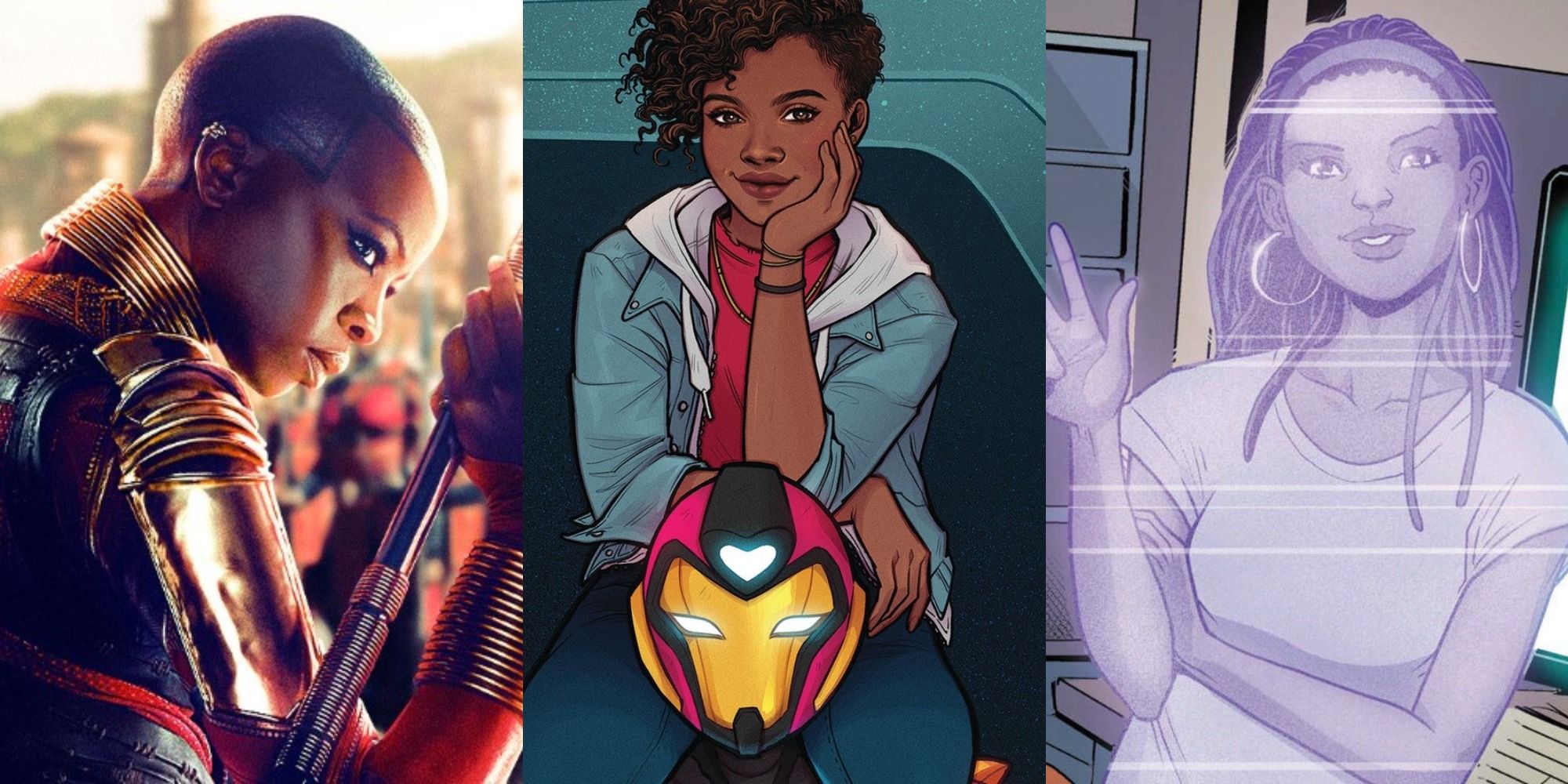 A split image of Okoye holding a staff, Riri holding an Iron Man helmet, and Natalie's hologram in the MCU Comics